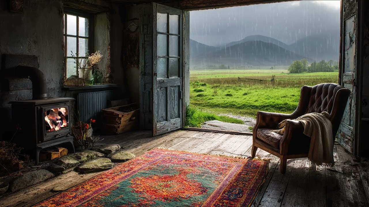 Cozy Cabin Fireplace Ambience 🔥 Peaceful Countryside and Crackling Fireplace Sounds for Relaxation