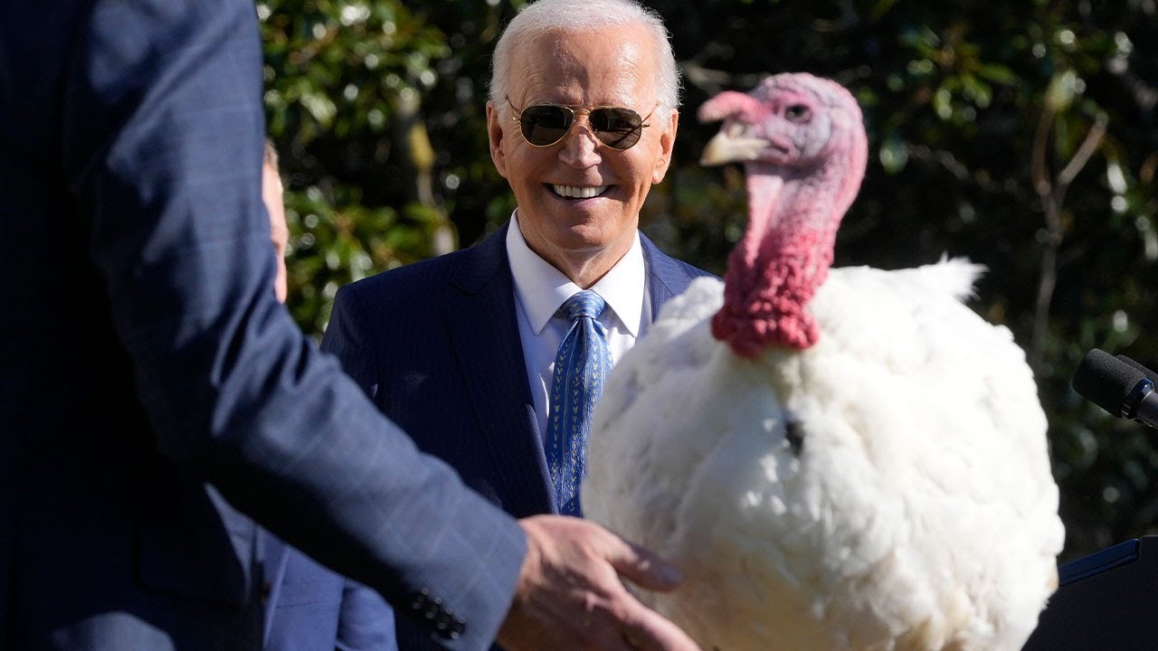 Biden pardons two turkeys, Peach and Blossom, ahead of his last Thanksgiving at the White House