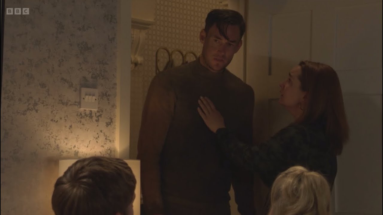 Eastenders Zack walks back into the door which shocks Barney Vicki Linda and Phil scene