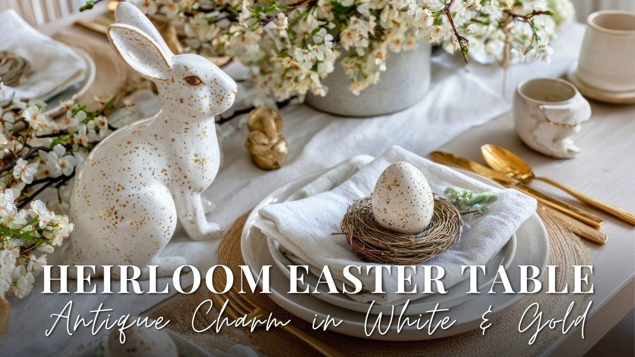 Minimalist Heirloom Easter: Styling a Serene White and Gold Tablescape with Antique Accents