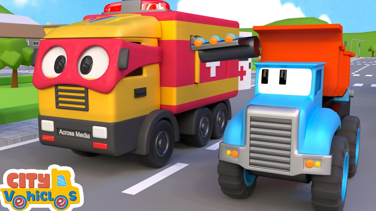 Super ladder truck rescue the helicopter which got fire- - dump truck and excavator for kids.