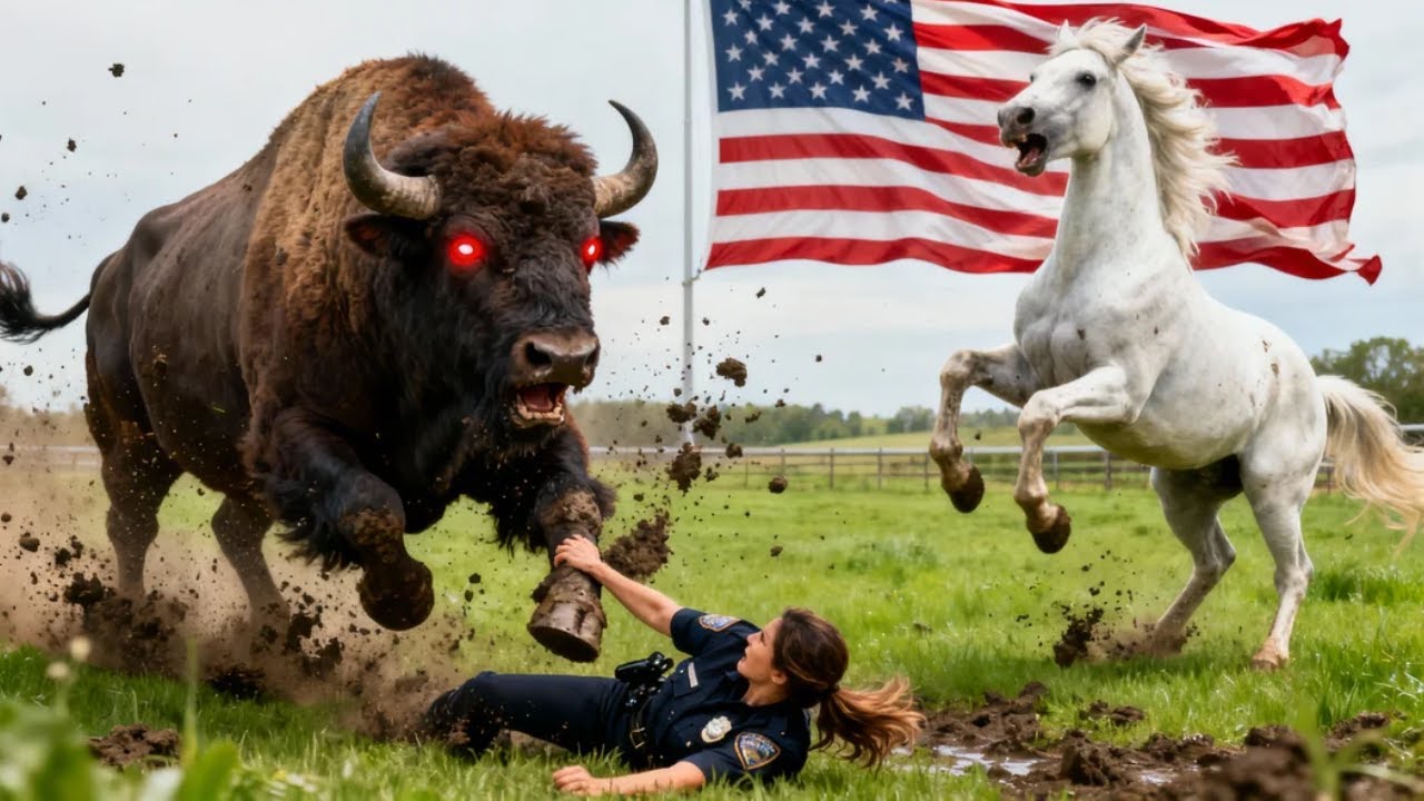 heroic rescue team saves white horses from giant bull attack