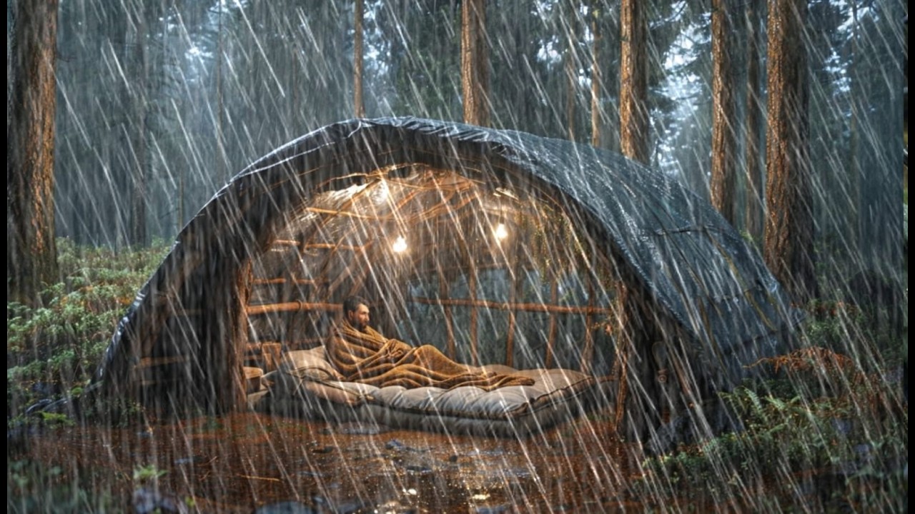 CAMPING IN A THUNDERSTORM AND HEAVY RAIN  Struggling to Build a Warm Tent