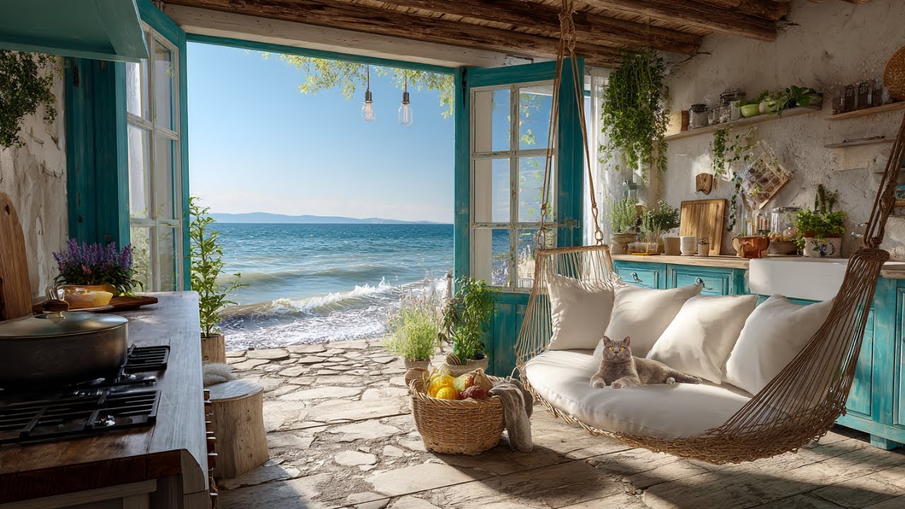 Oceanfront Rustic Kitchen View 🌊🐾 Soothing Waves + Birds for Focus, Reading & Calm Sleep