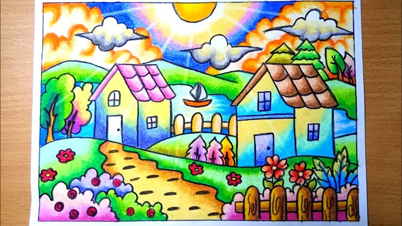 Cara menggambar Pemandangan alam rumah dan danau dengan gradasi crayon / Oilpastel | drawing scenery