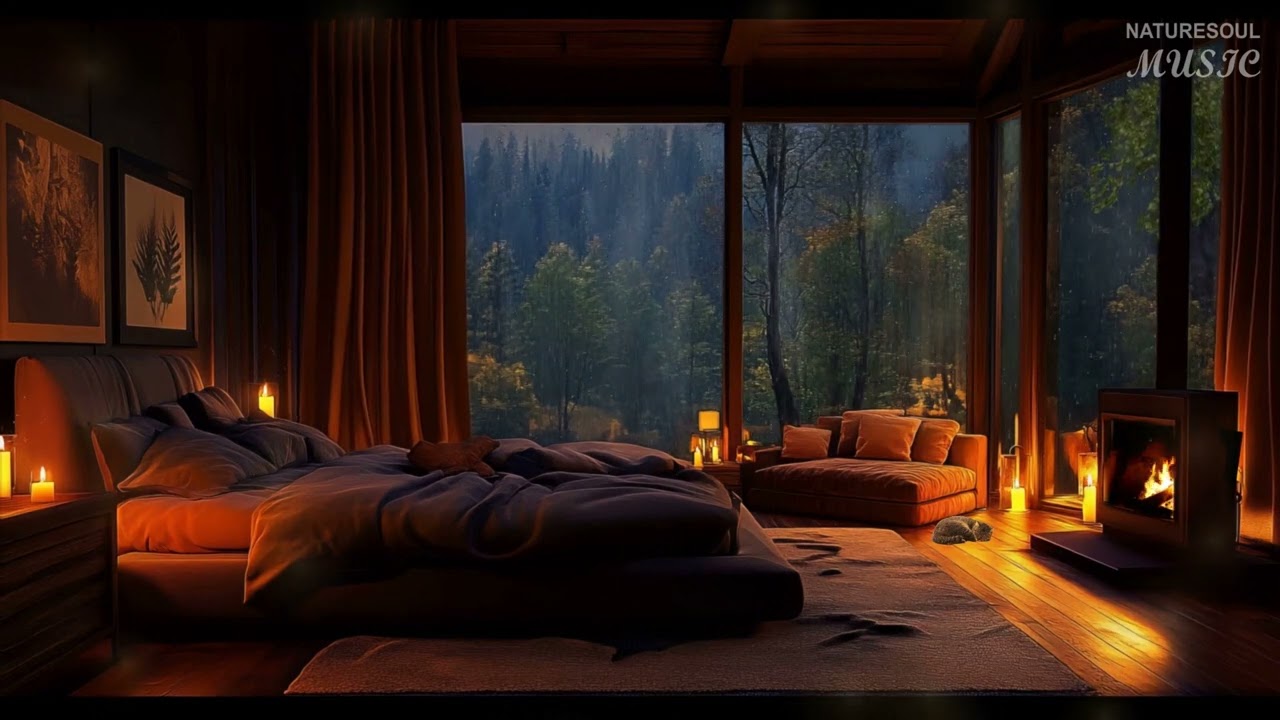 Rainy Night in a Cozy Bedroom with Fireplace 🔥 Relaxing Piano Music for Sleep & Stress Relief