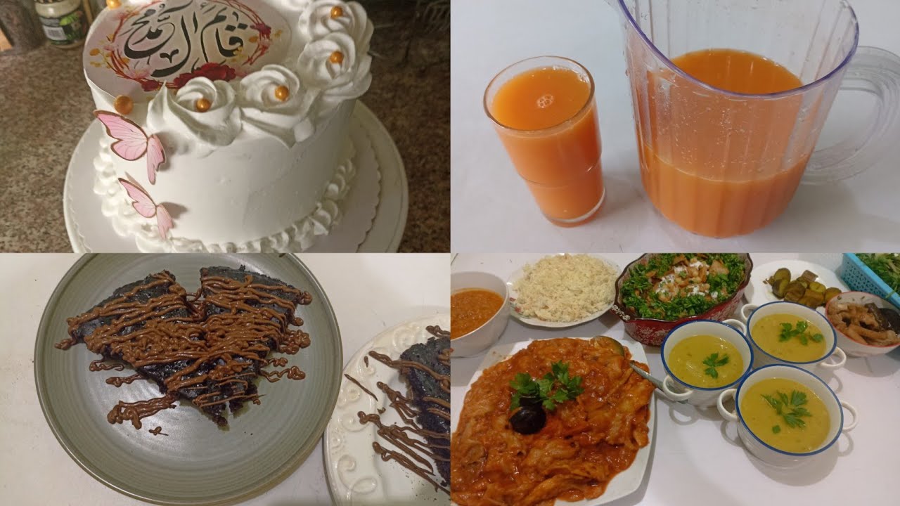 كيكه الطاوه ☺️ فرزت عصير البرتقال والجزر وجهزت شيره او قطر 😘فته حمص ومحروك اصبعه 😋