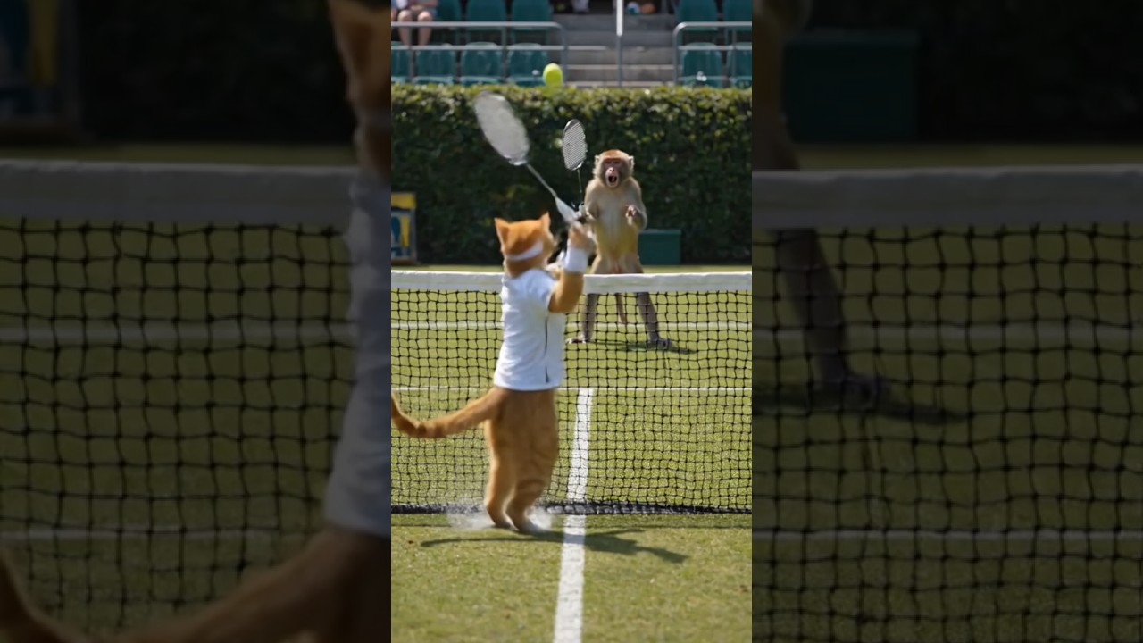 😲😨Cat and monkey are playing badminton 