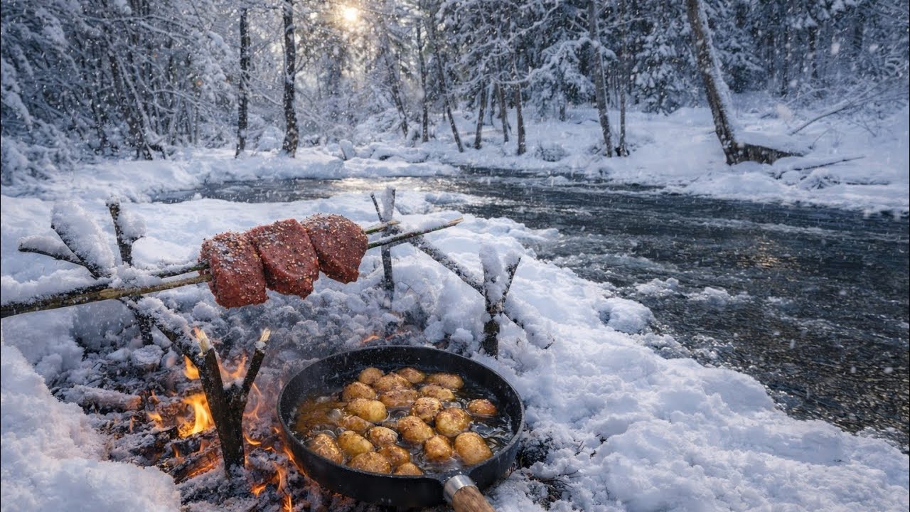 Primitive Steak Cooking over Campfire in the Winter Forest | Bushcraft Outdoor ASMR in the Wild