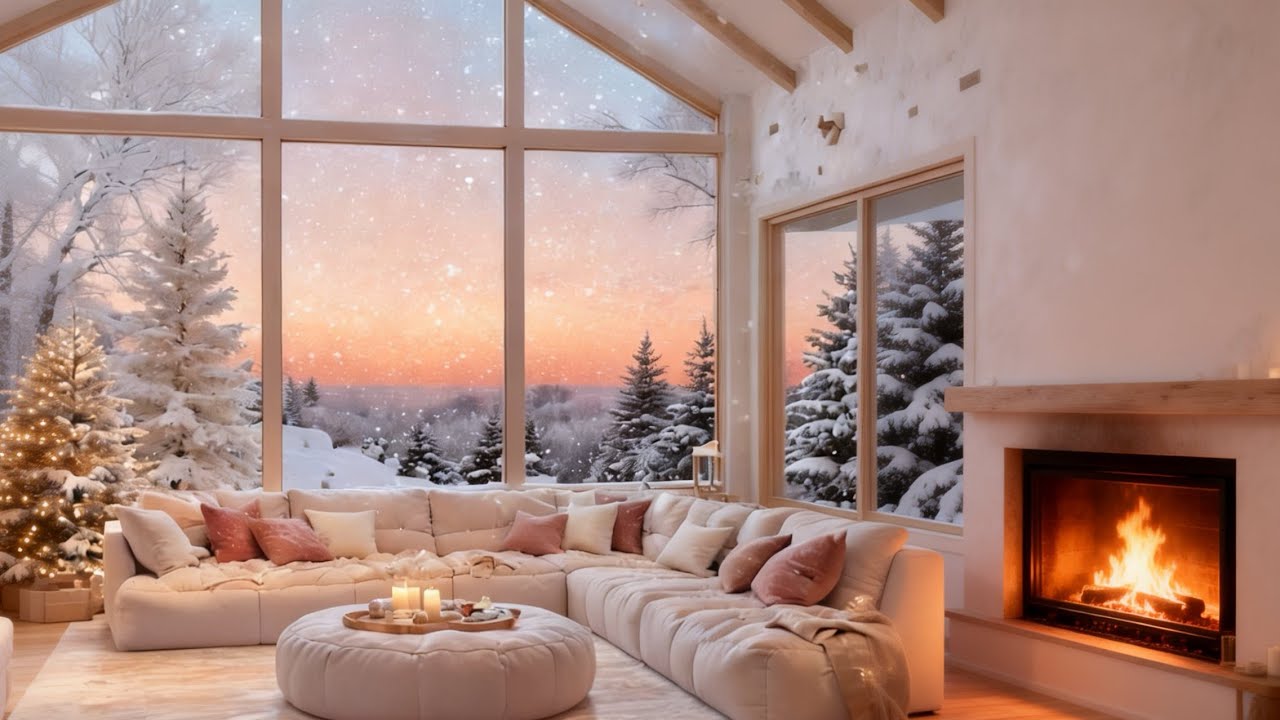 Warm Fireplace Sounds While Snow Falls Outside | Relaxing Winter Cabin