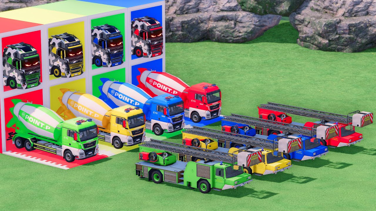 Trucks With COLORS - MAN MIXER TRUCK and LIZARD CRANE TRUCK with VOLVO FLATBED TRAILER TRUCK - FS22