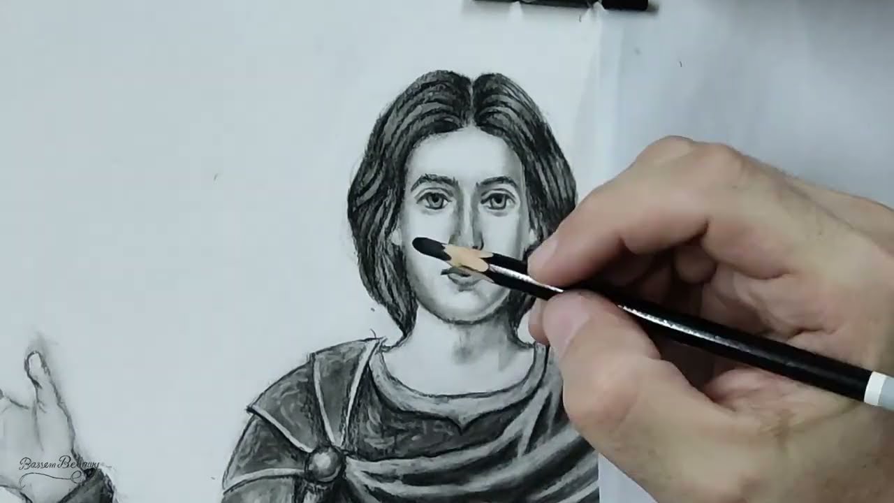 Charcoal drawing technique for Saint Mina