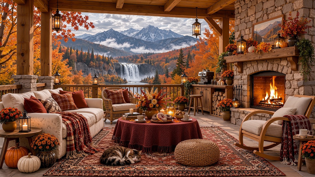 Hidden Autumn Retreat by a Mountain Lake, Waterfall 🍂 Warm Jazz for Work, Study & Slow Living