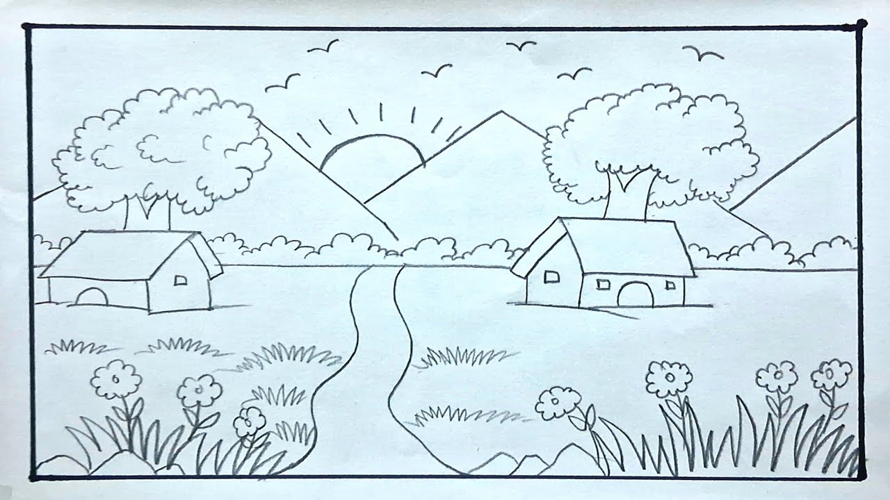 Simple Scenery drawing with Pencil Tutorials / Very Easy Drawing of Scenery Easy steps / Landscape 