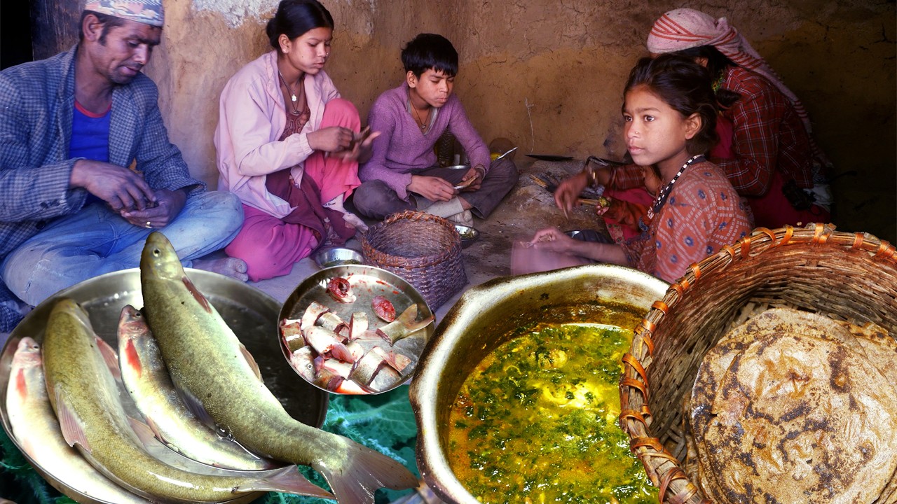 Local Fish nettle Mix curry with bread by dharme brother's family in their farm house || rural Nepal