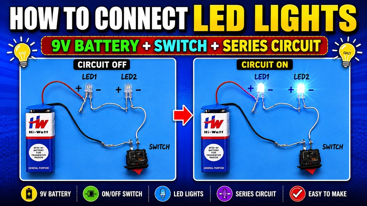 How to Connect LED Lights with 9V hw Battery, Switch in Series  Simple Electric Circuit | DIY pandit