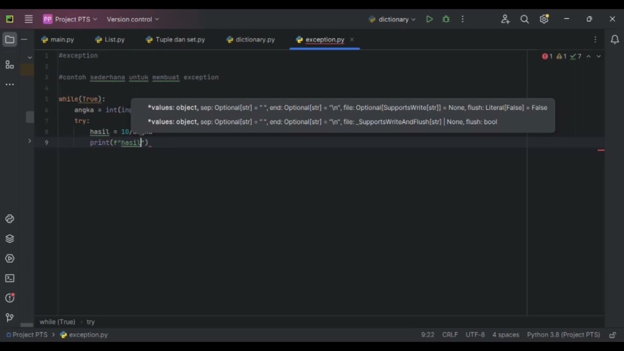 Python Dasar, Materi exception