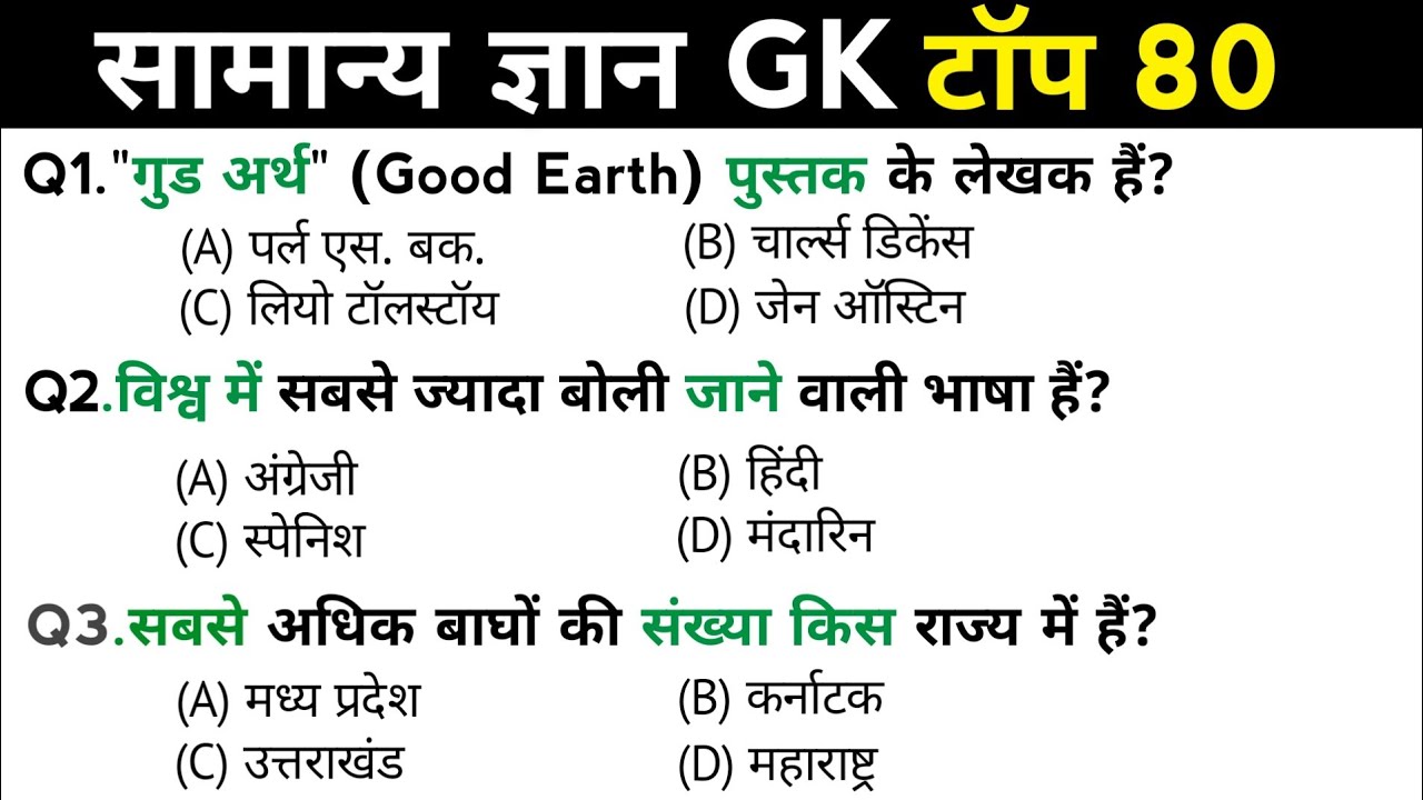 सामान्य ज्ञान | General Knowledge | Top 80 Gk GS questions | SSC GD, MTS, RPF, CRPF | GK quiz 
