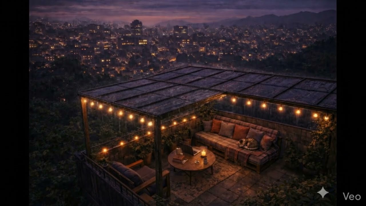 Rainy Rooftop Terrace 🌧️ Cozy Lo-Fi Beats for Studying, Relaxing & Sleeping(1Hour)
