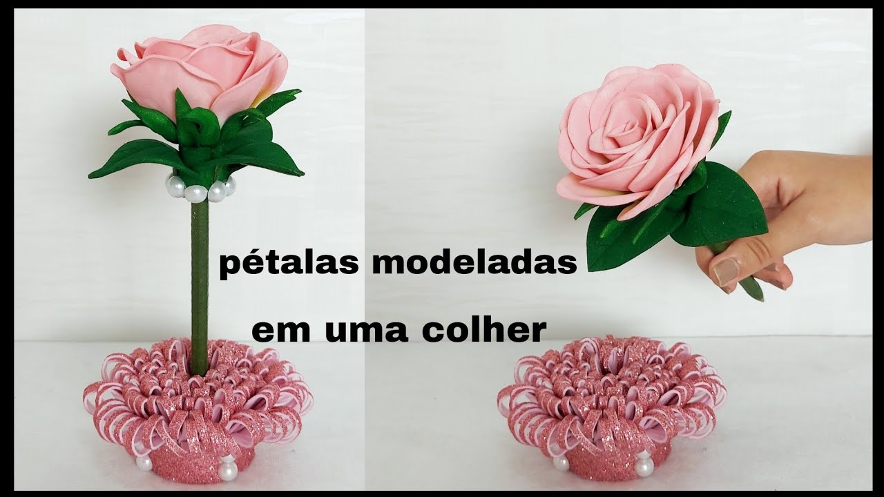 Caneta decorada com rosa em E.V.A, pétalas modeladas em uma colher