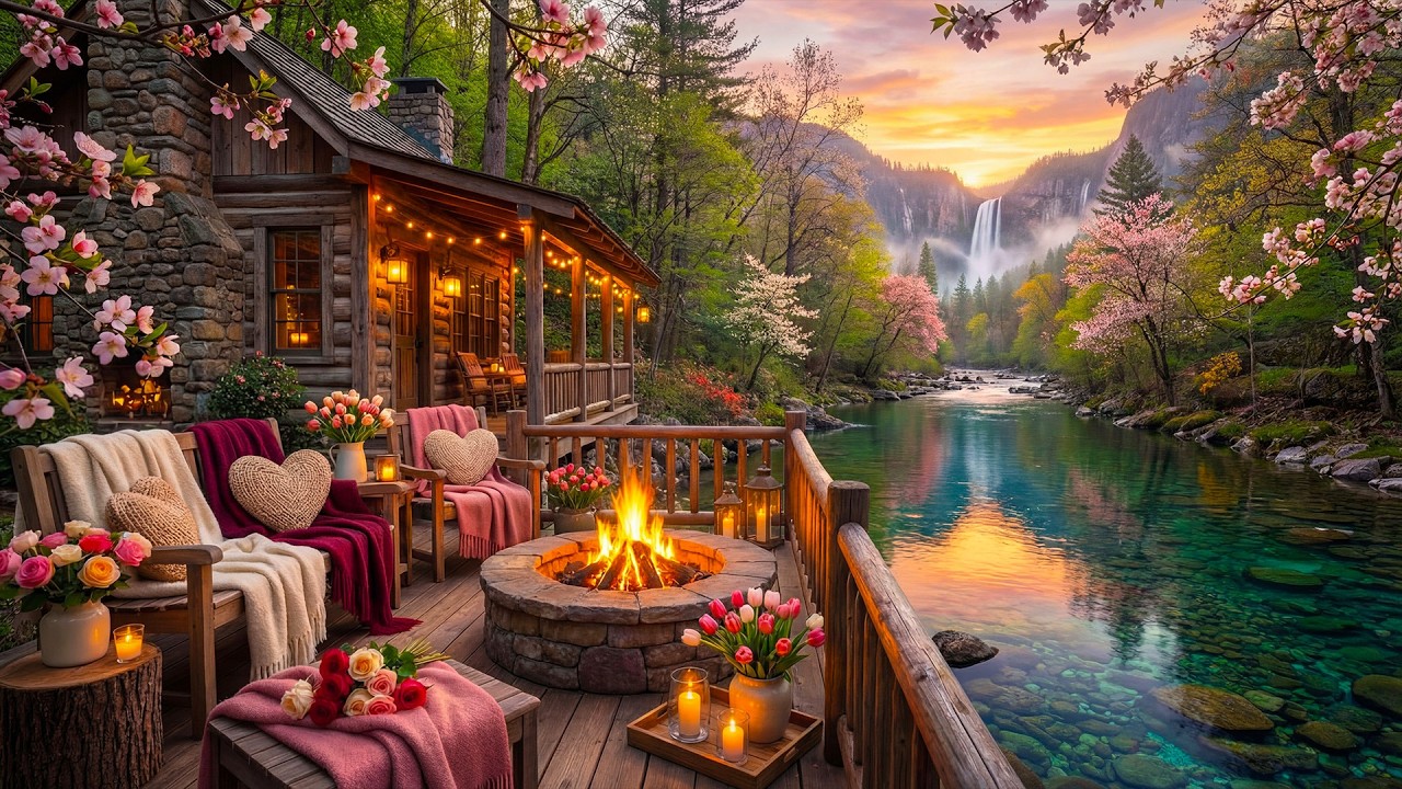 Valentine’s Day Sunset Cabin Porch by the River ❤️🔥 Calm Water, Cozy Campfire & Nature Ambience