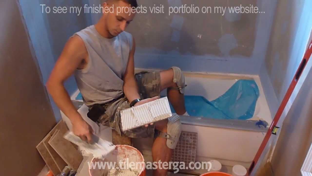 Part "2" HOW TO TILE 60" tub surround walls - cutting & installing first rows of wall tiles !