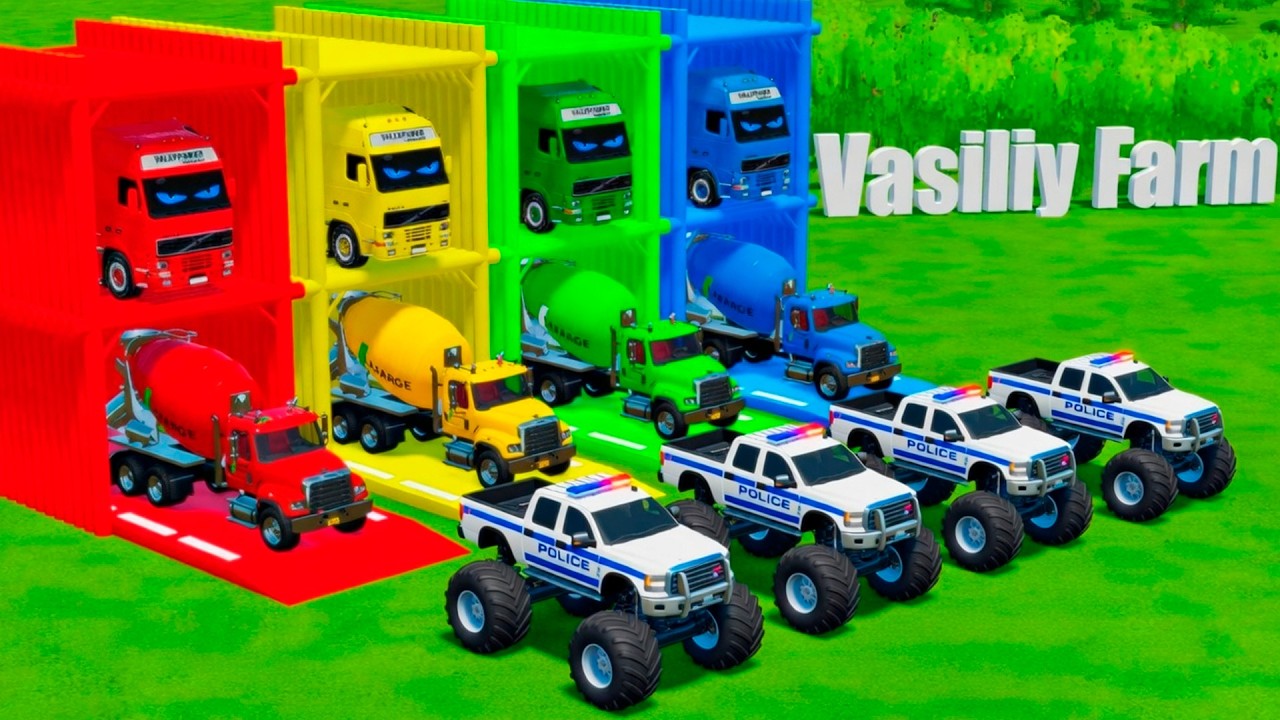 Garage with Colors - ALL MIXER TRUCK WITH DOUBLE FLATBED TRAILER TRUCK, DAF, MERCEDES, SCANIA FS22