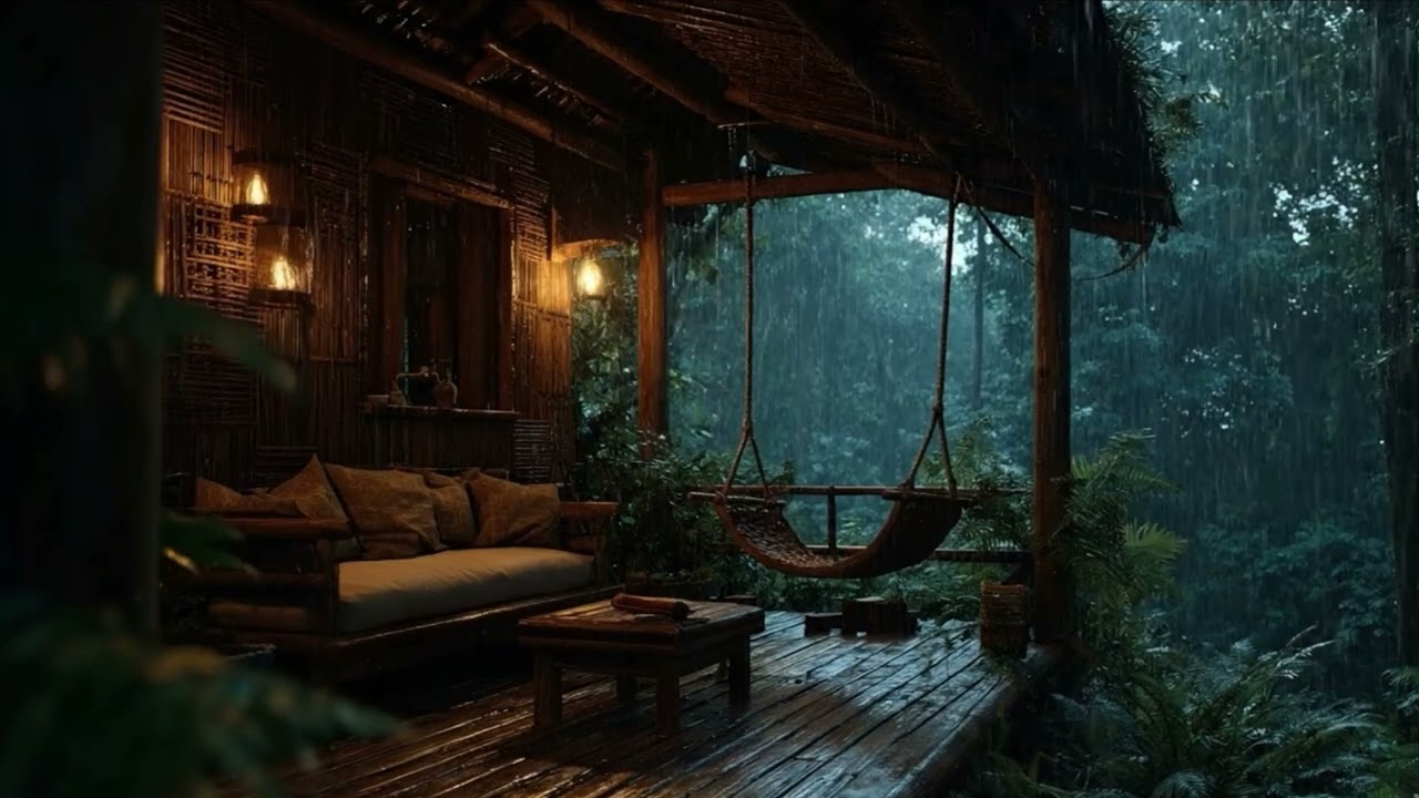 Heavy Rain on a Thatched Forest Cabin Porch with Hanging Hammock 🌧️| Deep Sleep Sounds