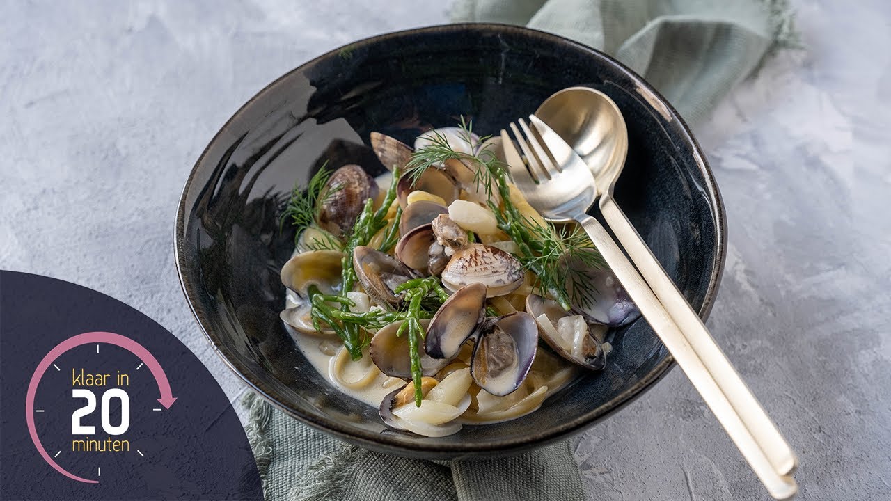 Pasta vongole met zeekraal, miso en asperges | Klaar in 20 minuten