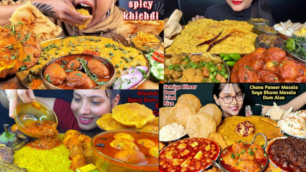 Eating khichdi,dum aloo,baingan fry,poori,egg curry,pakora&papad😍🤤 yummy😋Bigbites mukbang asmr