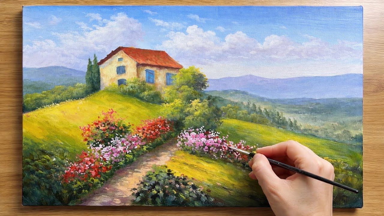 Painting a Peaceful Spring Cottage on the Hillside | Acrylic Landscape Tutorial