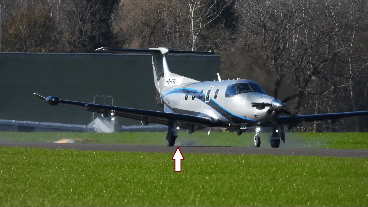 NEW Pilatus PC12 PRO testing its Aircraft HB-FRE at Buochs Airport (SMOKY WHEELS)