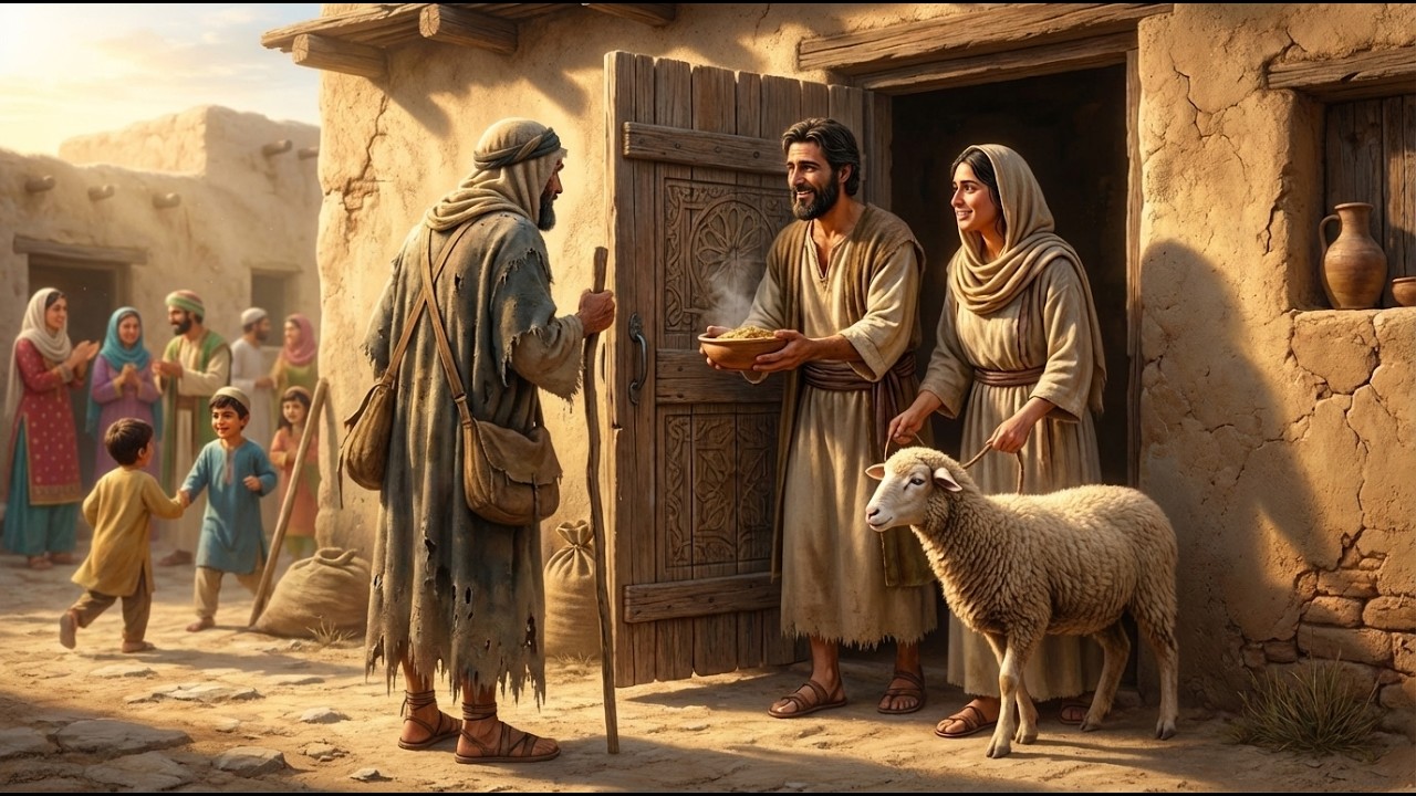 في يوم العيد طرق بابهم عابر بملابس رثة،فأكرموه بآخر شاة لديهم ولم يعلموا أن ضيفهم هو الوالي المتنكر!