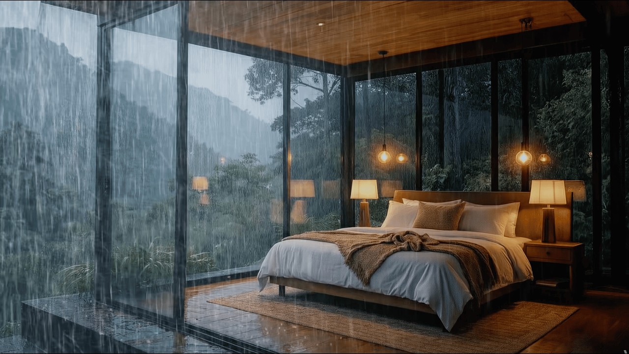 Rain Sounds for Deep Sleep ASMR 🌧️ Cozy Glass Cabin in Heavy Rain Storm
