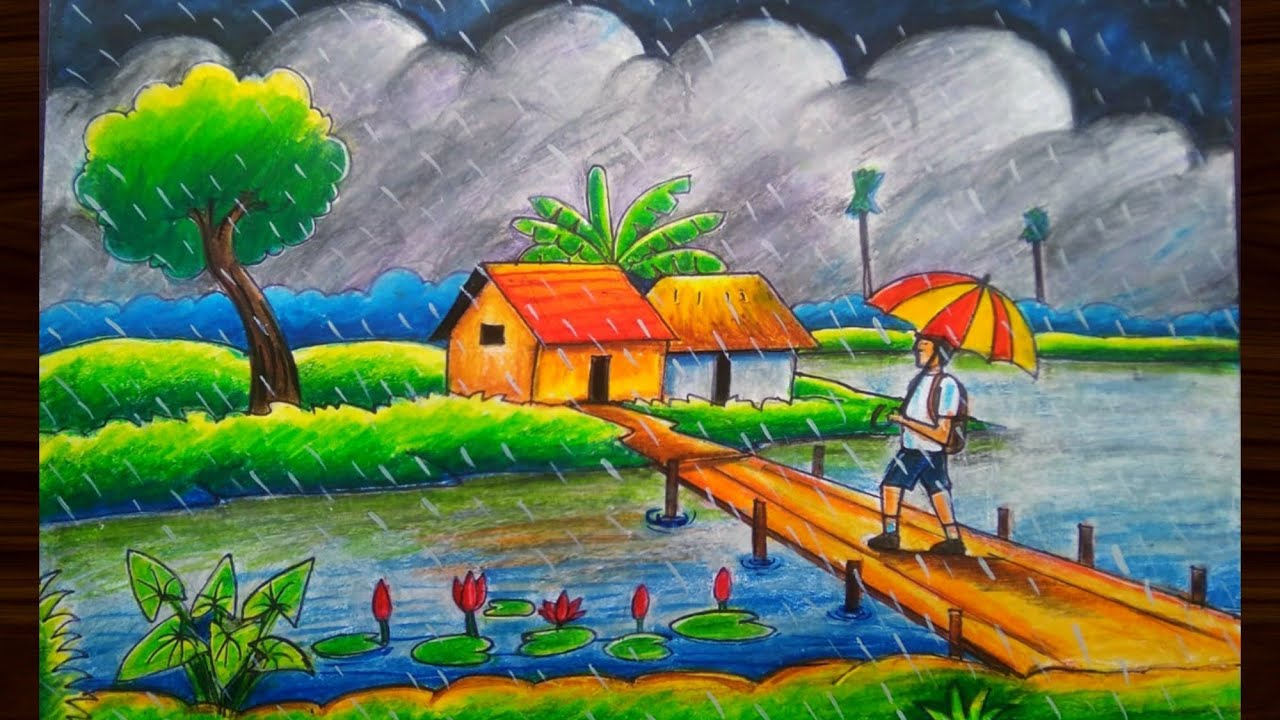 Rainy season drawing/ How to draw rainy season scenery/ Rainy day season drawing
