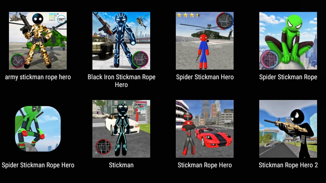 Army Stickman Rope Hero,Black Iron Stickman Rope Hero,Spider Stickman Hero,Spider Stickman Rope