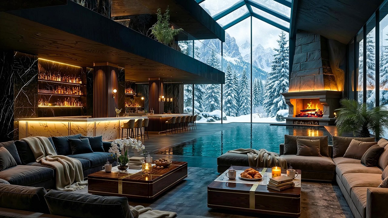 Smooth Jazz & Serene Winter Forest Mountain View ❄️ Gentle Jazz In A Living Room Ambience to Unwind