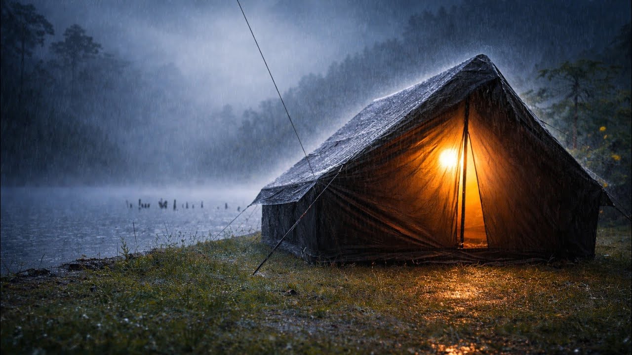 Solo Camping by the Lake in Heavy Rain | Peaceful Tent & Nature Sounds