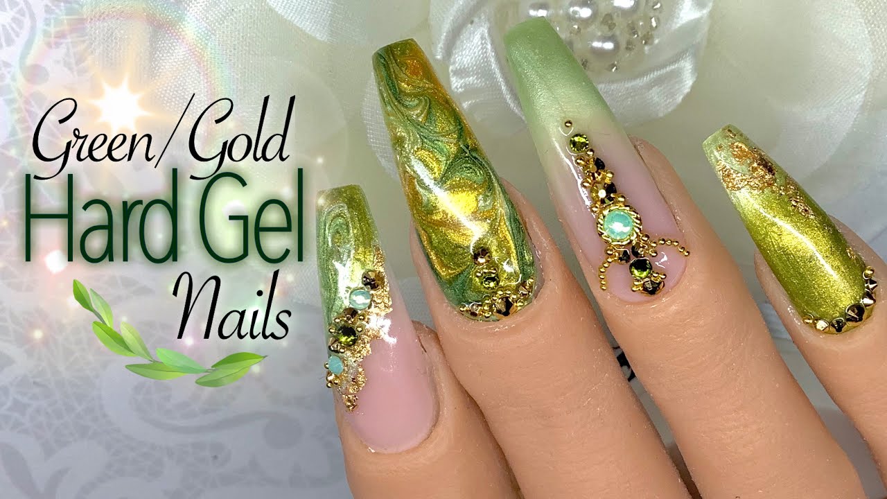Hard Gel Nails | Custom Color Hard Gel Nails | Green with Gold Accent Nail Design