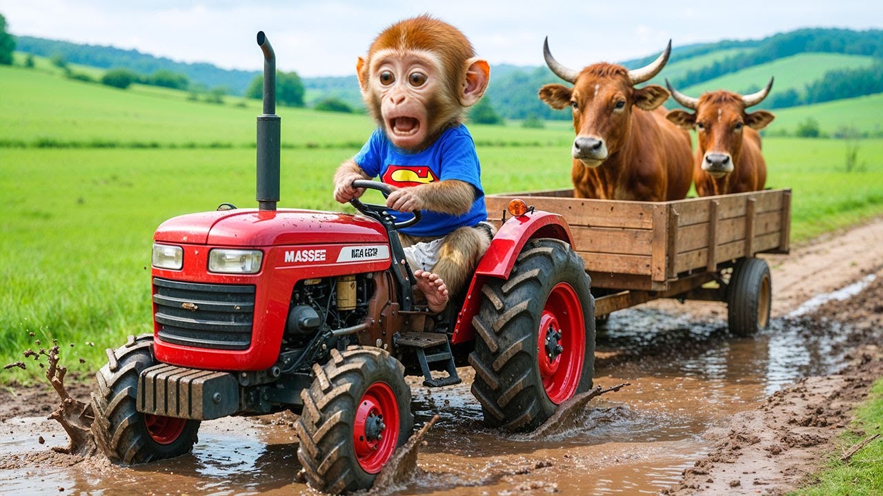 Monkey iZi Drives Tractor Through Flood to Rescue an Injured Cow & Fix Damaged Road! 🚜🌧️🐮