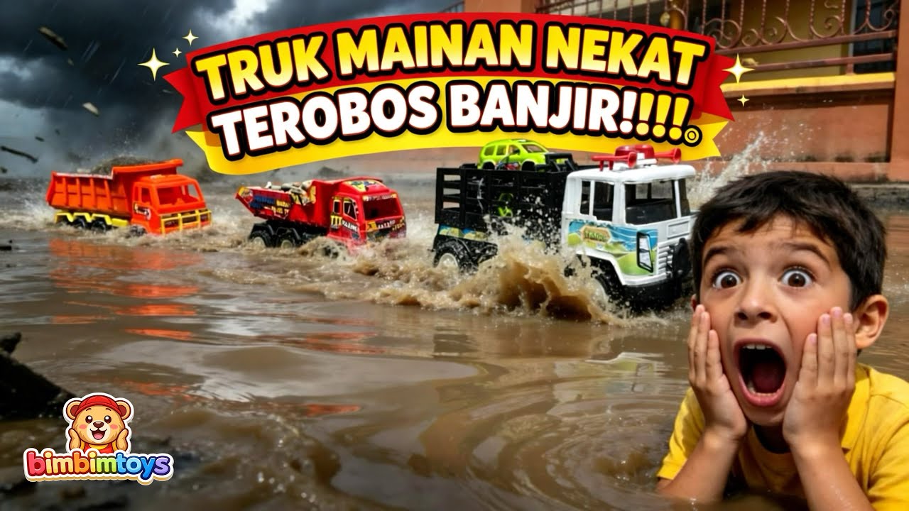 TRUK MAINAN NEKAT TEROBOS BANJIR !! 😱🌊 berhasil tidak  ya ?! | Bimbimtoys 