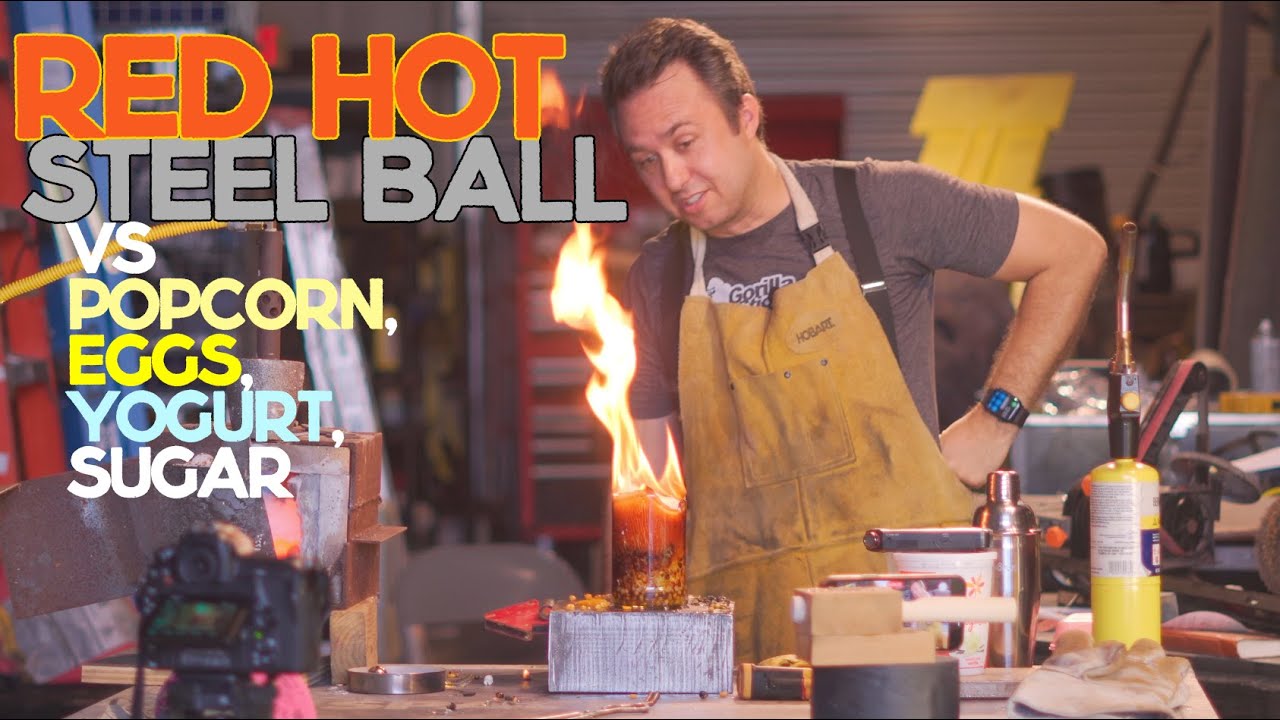 Science Experiment Red Hot Glowing 2000 Degree Steel Ball vs Sugar, Popcorn and Yogurt.