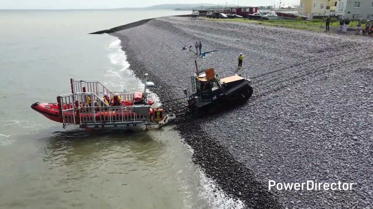 Full recovery of RNLI Atlantic 85 lifeboat at Minehead, uk.