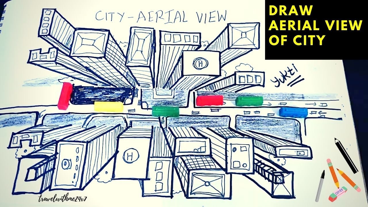 Learn to #sketch #Aerial View of City from - Bird's Eye view  1-Point Perspective  Draw #CITYSCAPES