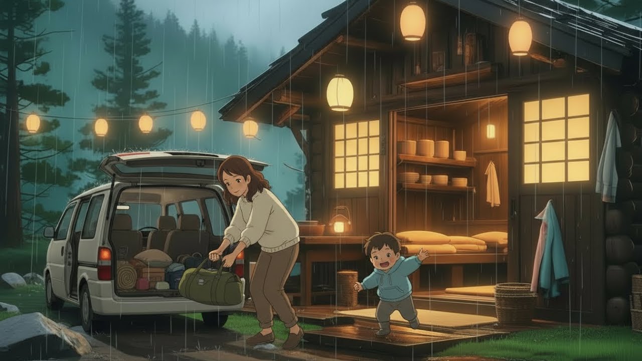 Rainy Night With Family in a Mountain Cabin | Ghibli-Style Cozy ASMR
