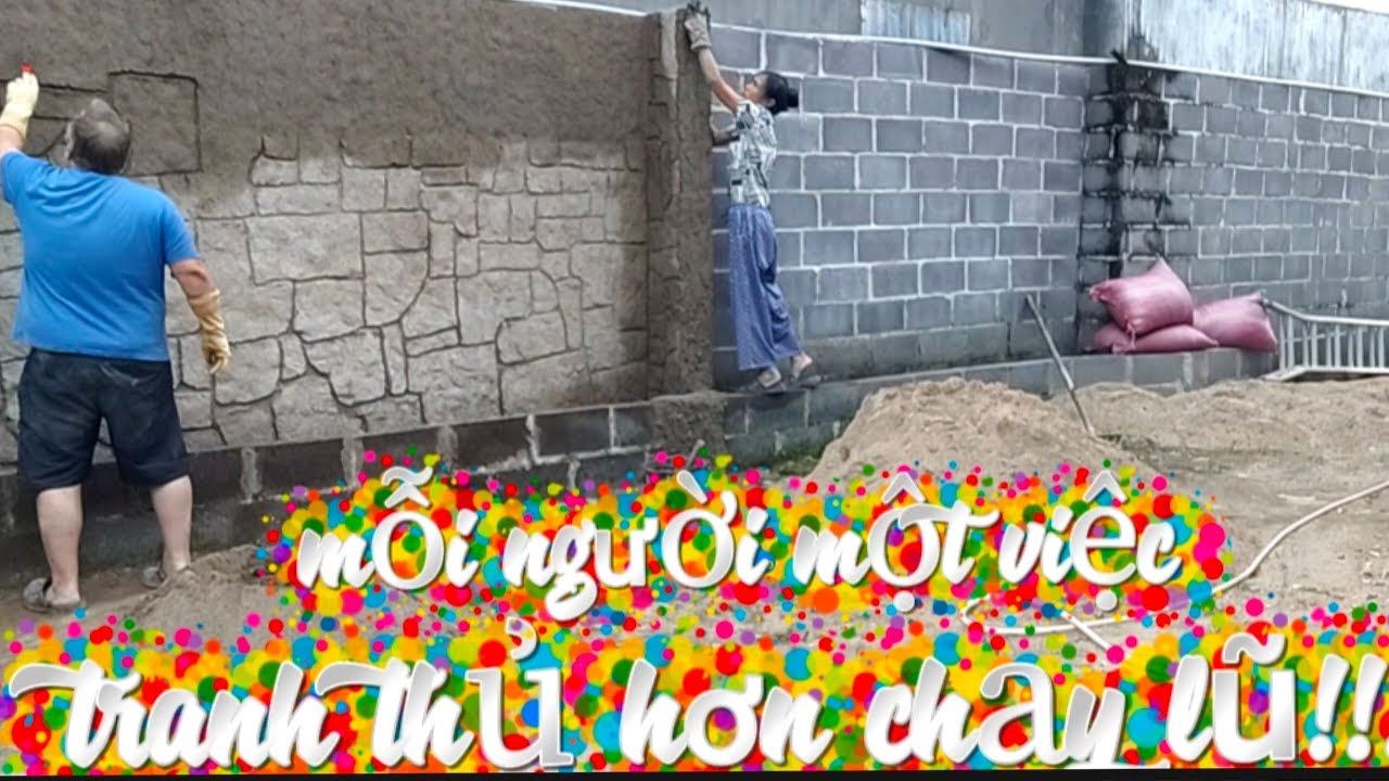 Vợ chồng Việt Đức:)#247# làm hiệu ứng tường rào trên và trét cột/ tranh thủ hơn chạy lũ 🤣
