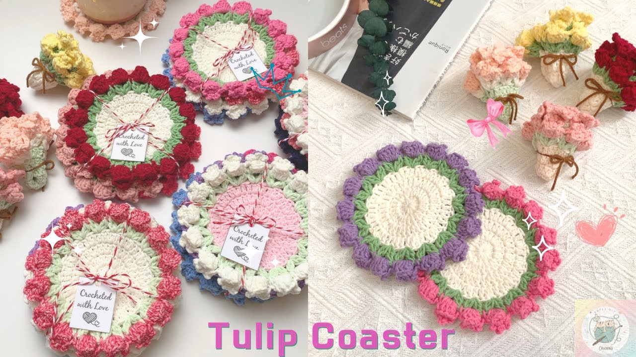Crochet Tulip coaster| Móc lót ly len hoa Tulip dễ thương| Katee DIY