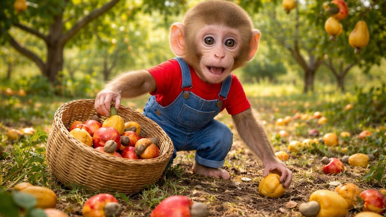 Monkey Goes Collecting Cashew Nuts That Fell in the Garden