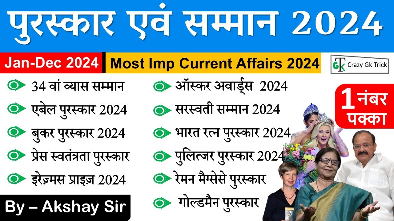 Current Affairs 2024 : महत्वपूर्ण पुरस्कार एवं सम्मान 2024 | Awards and Honour 2024 | Crazy Gk Trick