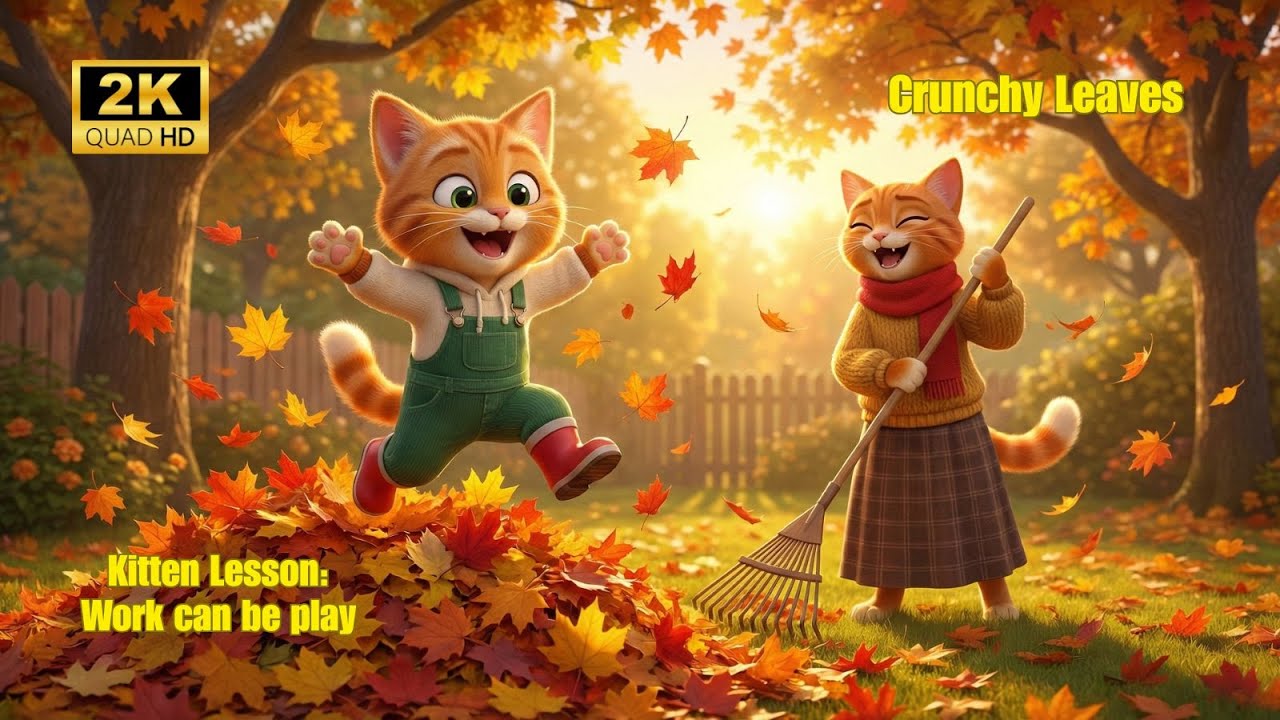 Cat Story: Mama Cat Shows Kitten LEO Raking Autumn Leaves 🍁🧹 Crunchy Sounds & Yard Work Fun